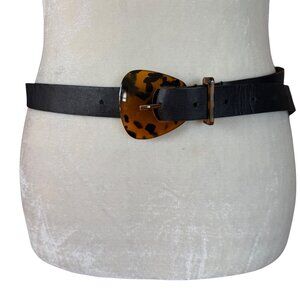 Women's unbranded black leather adjustable belt with animal print buckle